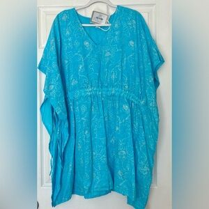120% Lino Blue Linen Glitter Floral Tunic Dress Cover-Up Cinched Waist Tie S